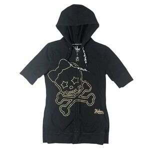 Abbey Dawn Black Skull Graphic Short Sleeve Zip Up Hoodie Womens L Y2k Scene Emo